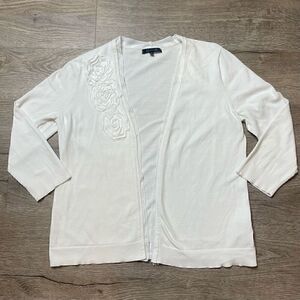Anne Klein White Cardigan Flowers Career Womens Size Medium 3/4 Sleeve